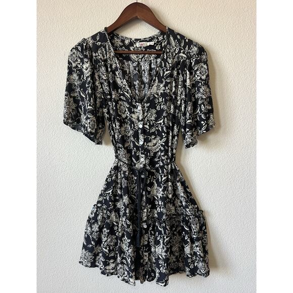 Faherty Tiered Mini Dress Sz S Boho Botanical Floral Tie Waist Button Front - Picture 5 of 11